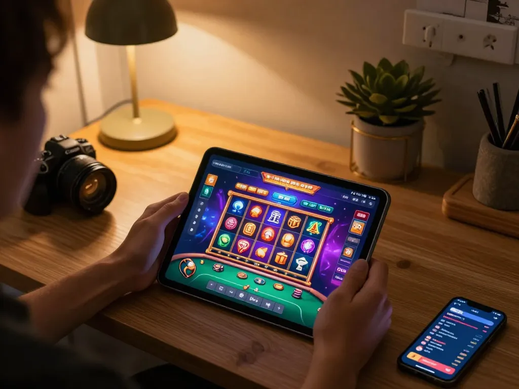 Nha cai uy tin online gaming with vibrant slot machines on tablet and smartphone alerts in a cozy home.