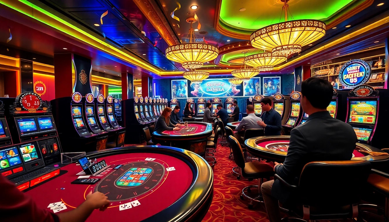 Experience thrilling gameplay at qqmacan with vibrant casino visuals showcasing card games and slot machines.