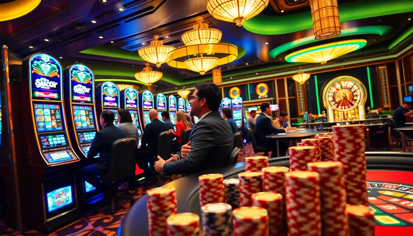 Engaging players enjoy a thrilling moment at a situs slot gacor machine in a vibrant casino.