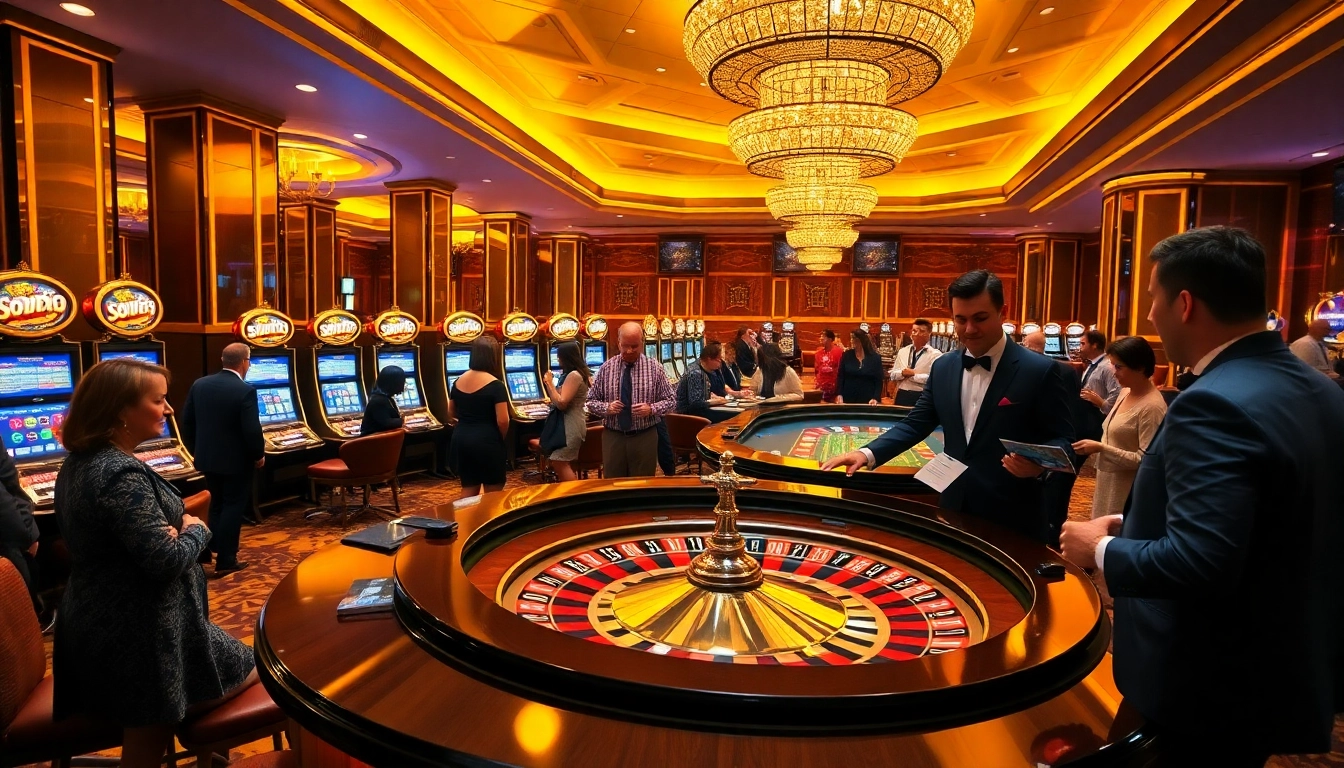 SODO casino scene with players at a roulette table and vibrant slot machines.