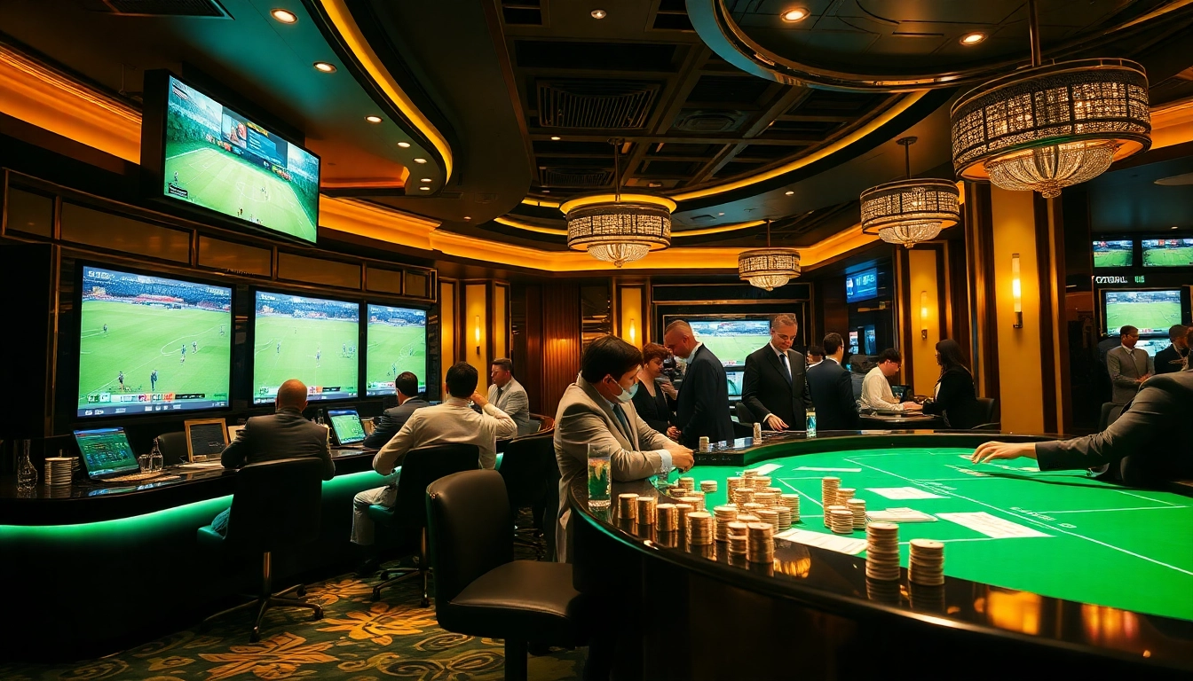 Strategically placing bets using เทคนิคแทงบอล at a luxurious casino sports betting area.