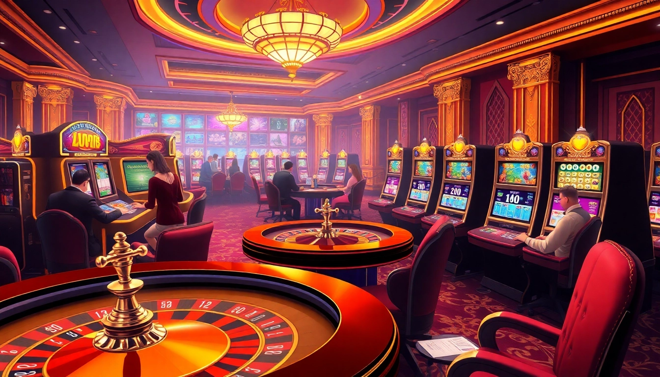 Players enjoying an exciting game at Luxury138's elegant online casino with vibrant slot machines and poker chips.