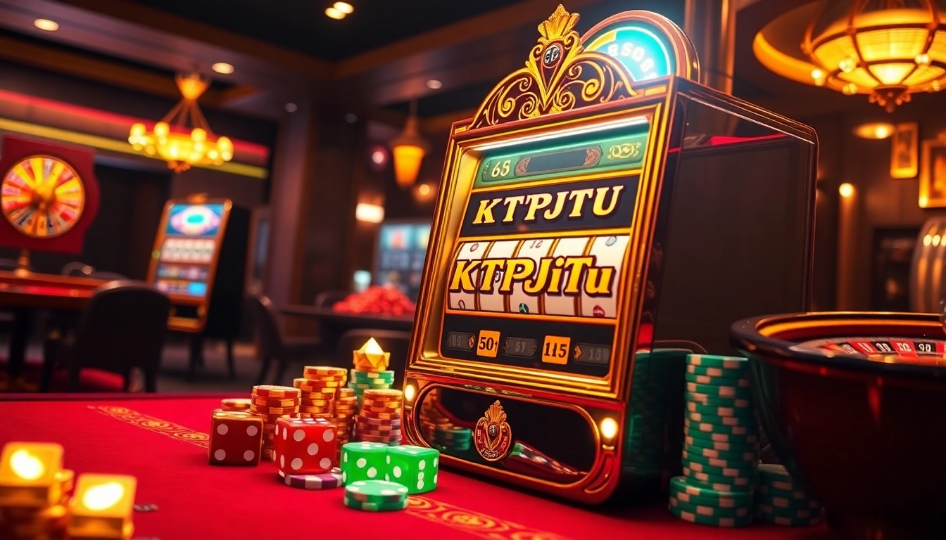 Spin the KTPJITU slot machine amidst vibrant casino elements for a thrilling gaming experience.